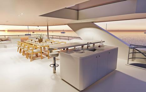Rendering of Hargrave 125 motor yacht sundeck bar area and alfresco dining