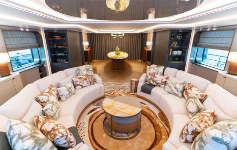 Amels 200 superyacht MOONSTONE features plush circular sofa seating 