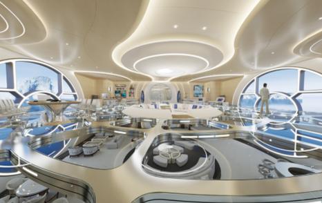 Overview of Thor Explore upper salon, with see through glass floors and round windows to port and starboard