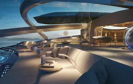 Rendering of Feadship Superyacht Hive upper deck encased in glass with white seating 