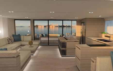 Rendering of SY80 flybridge catamaran saloon with glass sliding doors