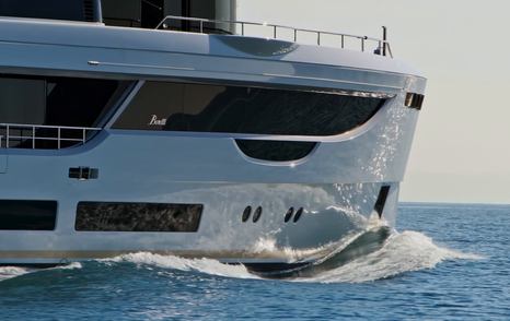 Benetti Oasis 34M bow detail highlighting hull glazing, and forward profile