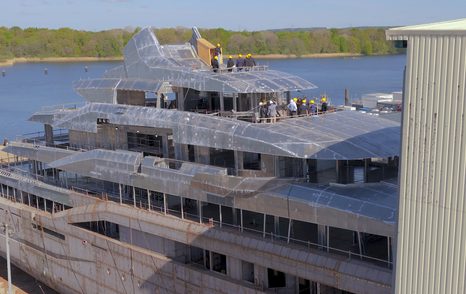 Lürssen Superyacht Project Ziggy upper decks whilst leaving shipyard 