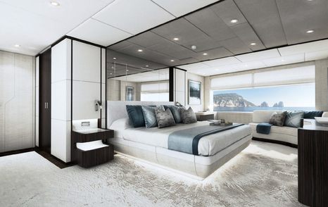 rendering of large bed with white linen and grey pillows, light silver carpets, white wall panels and black accents in the master suite of the Gulf 120 yacht model