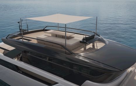Rendering of Bluegame BGX83 motor yacht flybirdge with L-shaped seating and canopy