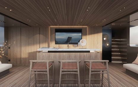 Rendering of Sanlorenzo SD132 motor yacht interior bar area with mounted TV
