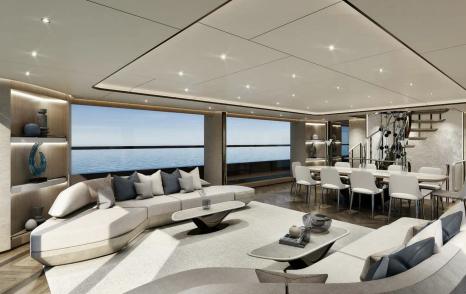 Rendering of Mengi Yay Vitrus XP Explorer Yacht main saloon seating area with curved white sofa 