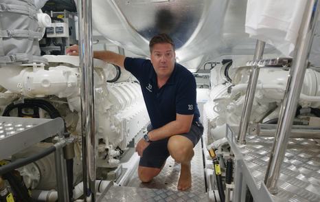 Pearl 73 engine room showing access between the engines