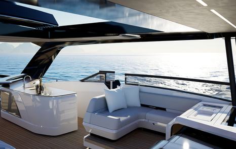 Pearl 100 Hybrid motor yacht flybridge with grey shaded seating