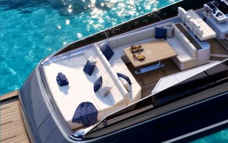 Rendering of Itama 70 boat aft with U-shaped white seating and large aft sunpads 