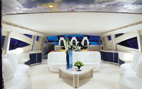 Pershing 115 motor yacht interior with white furniture and helm station