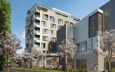 Wellness hotel concept SIRO at Boka Place, Porto Montenegro. Blossom trees in foreground.