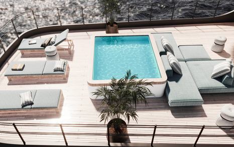 Rendering of Tecnomarine TM41 superyacht upper deck pool with surrounding grey sunpads 