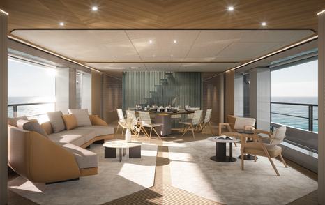 Rendering of Azimut Grande 30M motor yacht main saloon with circular dining table and curved seating
