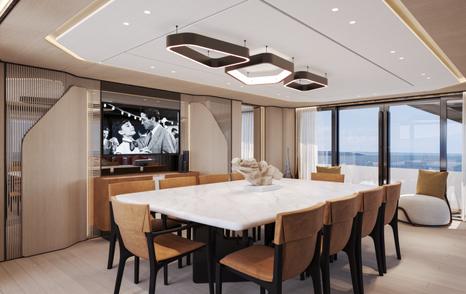 Rendering of Extra Yachts X100 Triplex motor yacht main saloon dining area 