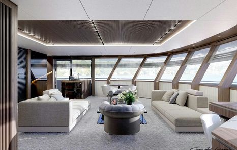 Leapher expedition yacht Horizon's lounge area with white dual sofas 