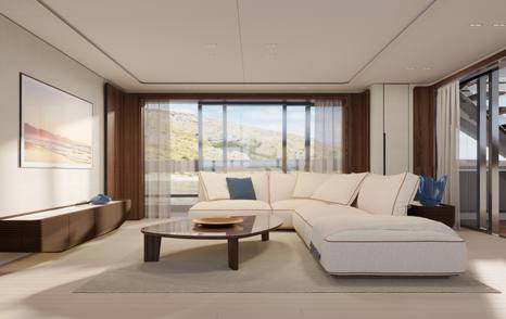 Rendering of the Custom Line Saetta 128' superyacht main saloon white L-shaped sofa and glass coffee table