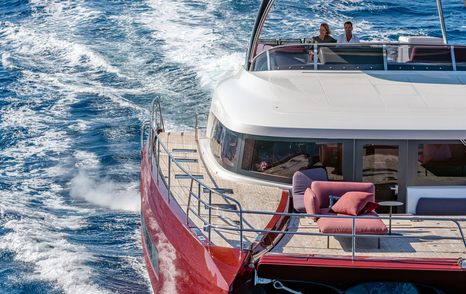 bow view of Lagoon Sixty7 power catamaran