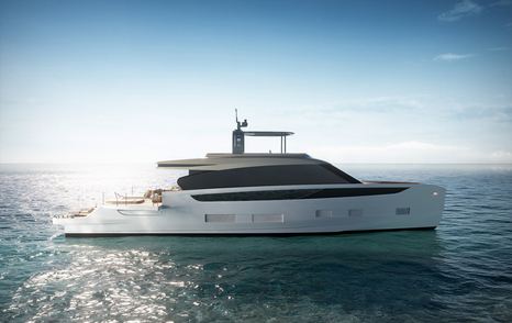 Rendering of Azimut Seadeck 9 motor yacht at anchor 