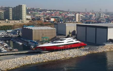 Superyacht LEONA on land outside outfitting facility in Istanbul.