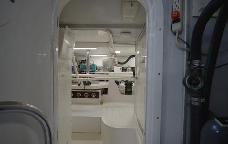 Nordhavn 75 EYF walk-through engine room showing direct access from the cockpit and machinery space