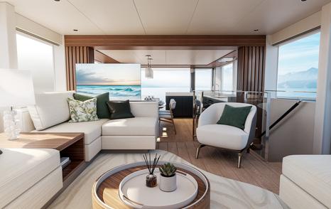 Rendering of Sunseeker 74 Ocean motor yacht main saloon with white sofas and chairs