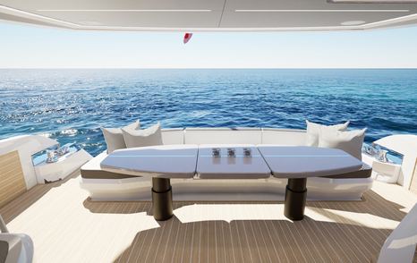 Pearl 73 motor yacht shaded seating on aft deck