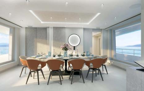 Rendering of superyacht Project Fun's main saloon dining area