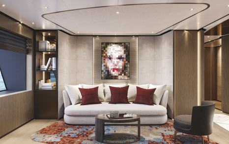 Rendering of Sanlorenzo 75Steel Superyacht Silver Fox interior seating with abstract artwork