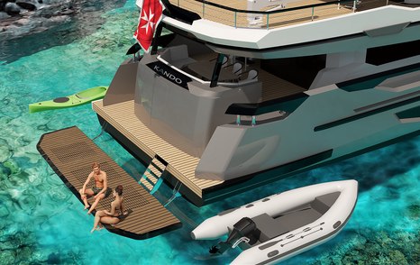 Kando 85 render aft view with bathing platform lowered