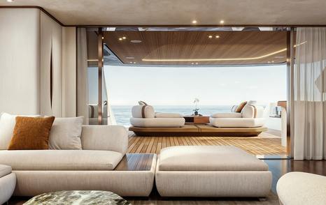 Rendering of the first Maiora 36 Exuma Motor Yacht interior glass sliding doors