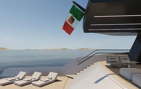 steps lead down to the oversized swim platform and aft deck area on board Maori 125 yacht