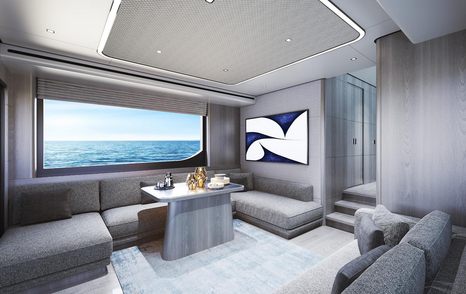 Rendering of Outer Reef 780 Adventure motor yacht interior with L-shaped sofas