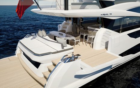 Rendering of Pearl 73 motor yacht aft deck with dual stairs and shaded dining areas 