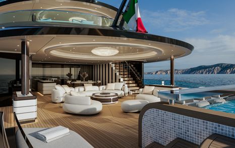 Rendering of ISA Amarcord 82 superyacht aft deck with shaded alfresco dining and white circular seating