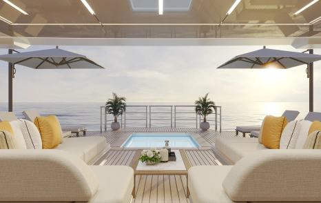 Rendering of Bearing 130 Superyacht aft deck with pool and canopies