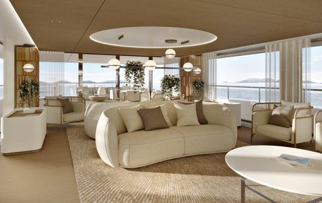 The salon on the Benetti Motopanfilo 45M boasts high ceilings and large windows for natural light