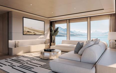 Rendering of Sunseeker 134 Superyacht upper deck saloon seating with L-shaped sofa