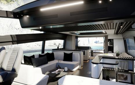Rendering of Pearl 73 motor yacht saloon with L-shaped white sofa and aft galley