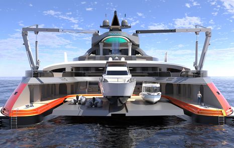 CGI of aft of Prodigium Concept showing yacht in docking area