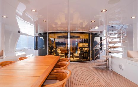 Superyacht Rochade aft deck shaded alfresco dining