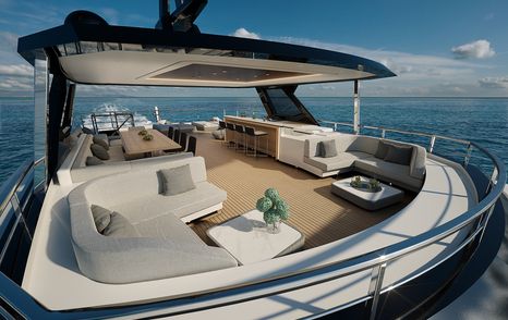 Rendering of Columbus Crossover 42 superyacht sundeck with curved seating