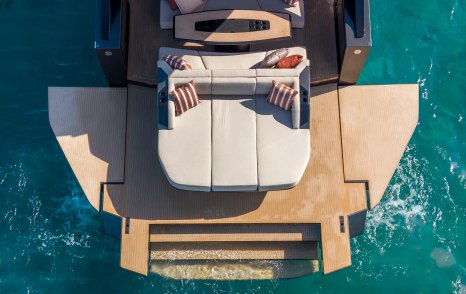 Manari 52 yacht at anchor stern aerial view 