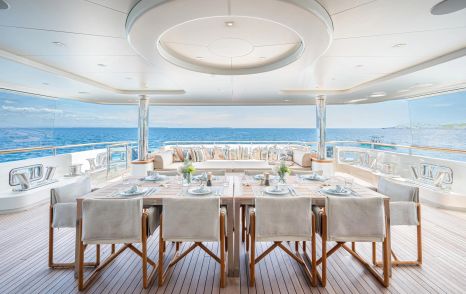 CRN Superyacht Odyssey aft deck shaded alfresco dining area 