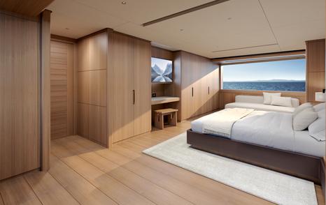 Rendering of superyacht Superyacht Sea Rover master cabin with integrated TV and window seating 
