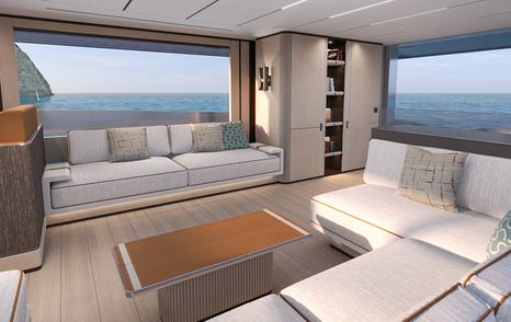 Rendering of Solaris Power 64 Long Range motor yacht main salon with white L-shaped sofa 