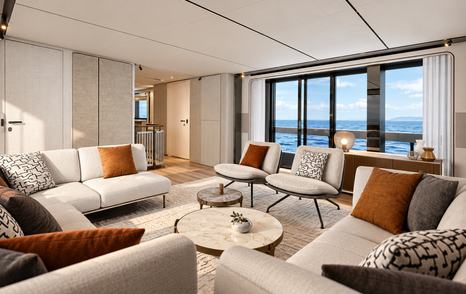 Rendering of Ferretti INFYNITO 100 Superyacht salon seating with orange accents 