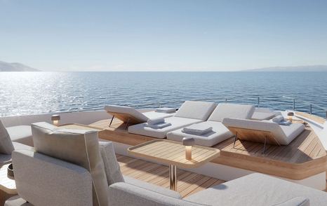 Rendering of Custom Line Navetta 35 superyacht foredeck seating with sunloungers 