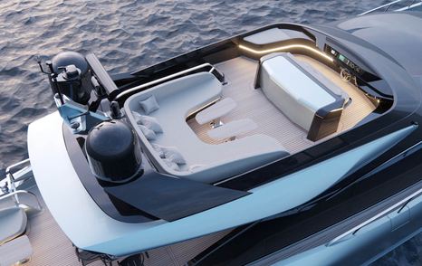 Mangusta 104 REV motor yacht sundeck with U-shaped grey sunpads 