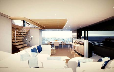 Rendering of the Baglietto T60 superyacht interior beach club with fold out balconies and bar area 